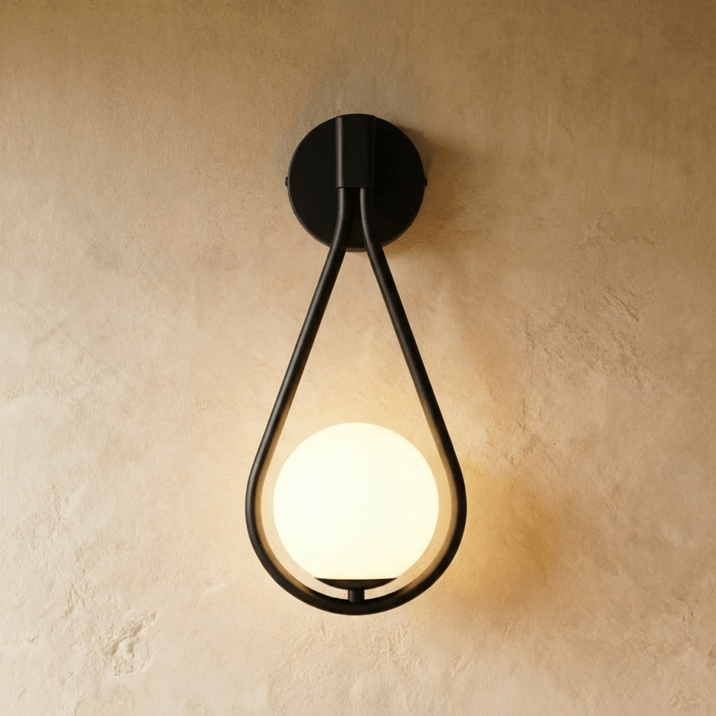 Clérachic black iron arm wall sconce with a teardrop frame cradling a lit opal glass globe on a plaster wall.