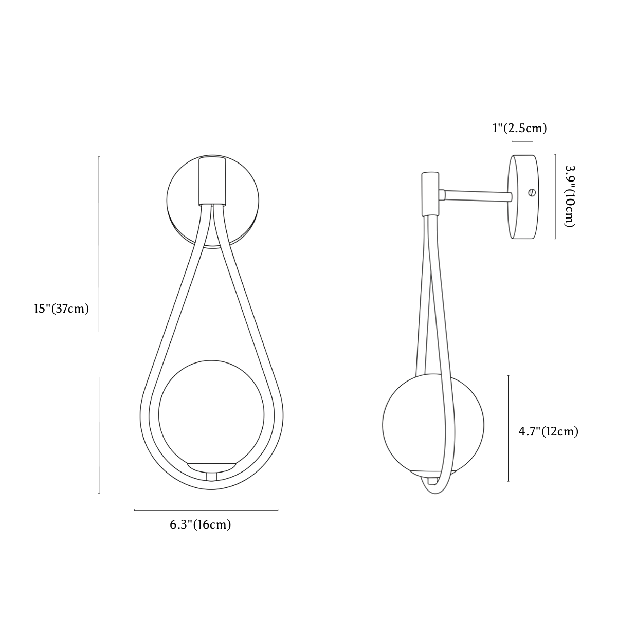 Clérachic wall sconce dimension drawing, Drawing, every measurement marked in centimetres and inches.