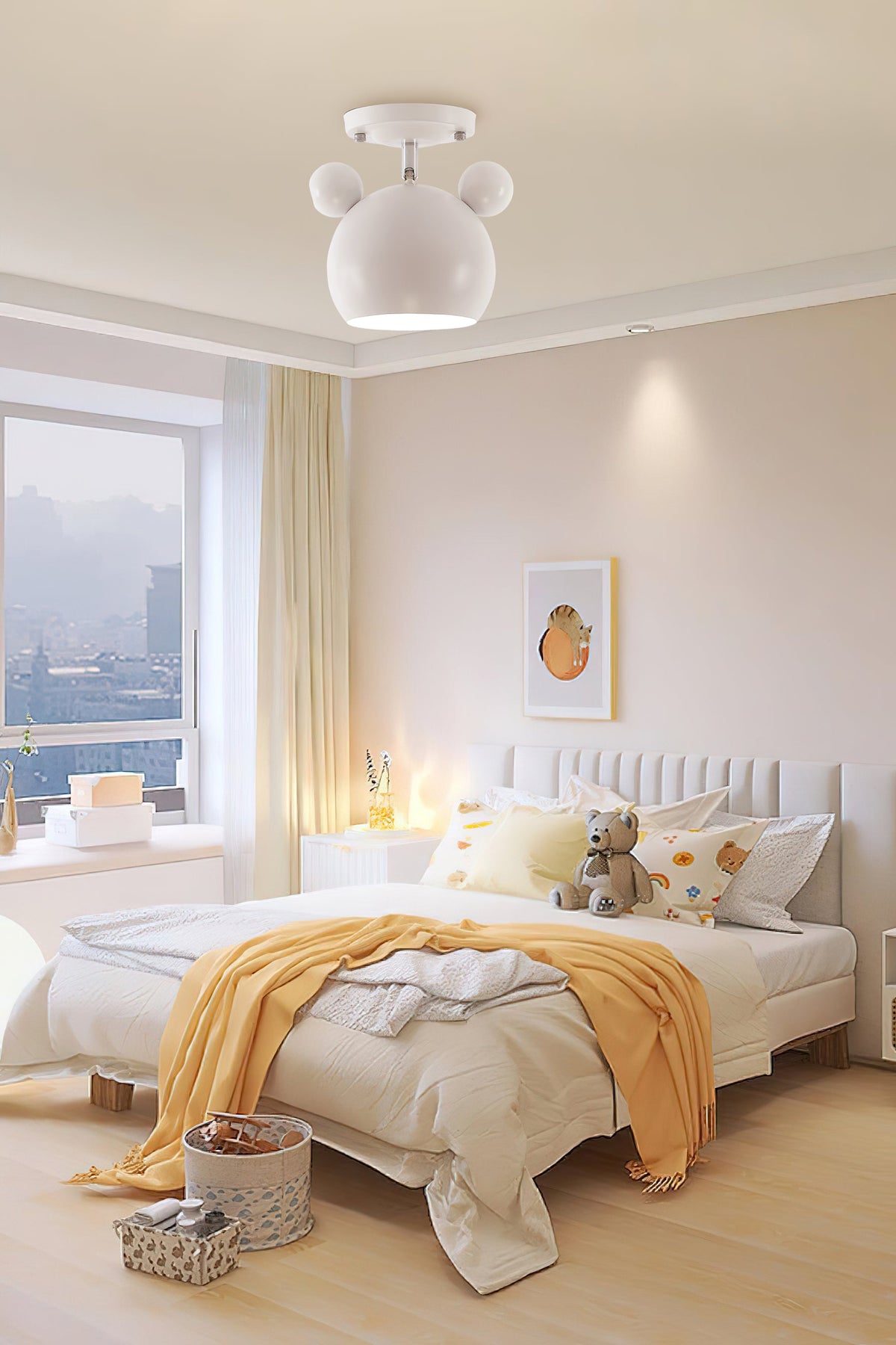 White Clérachic ceiling lamp with ear details above a bed with a mustard throw, beside a window with a city view.
