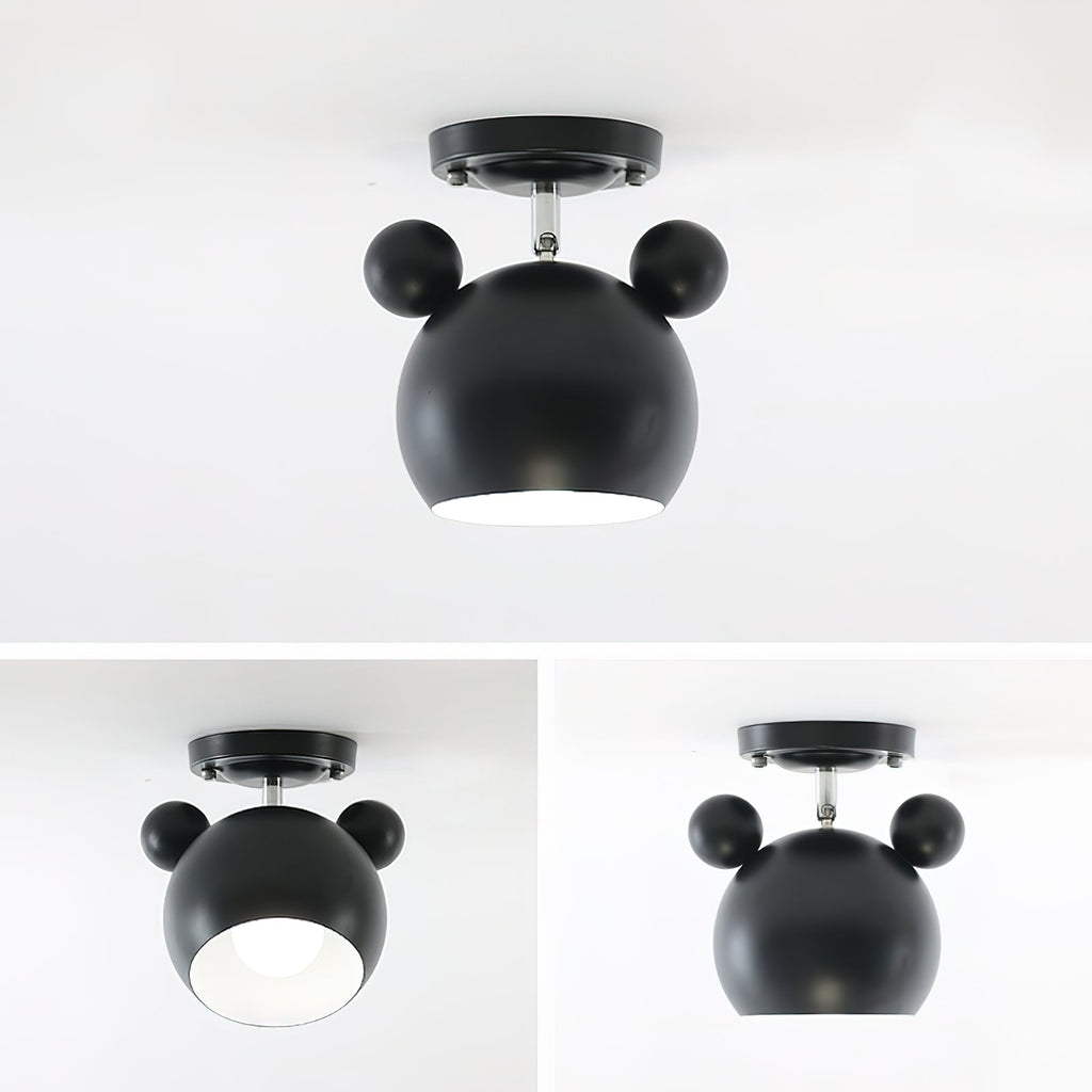 Three views of a black Clérachic ceiling lamp with round ears: one large angled shot and two smaller ones below.