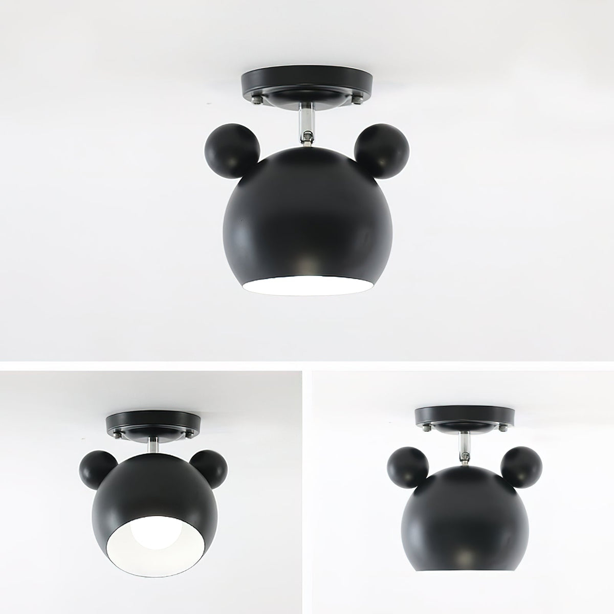 Three views of a black Clérachic ceiling lamp with round ears: one large angled shot and two smaller ones below.