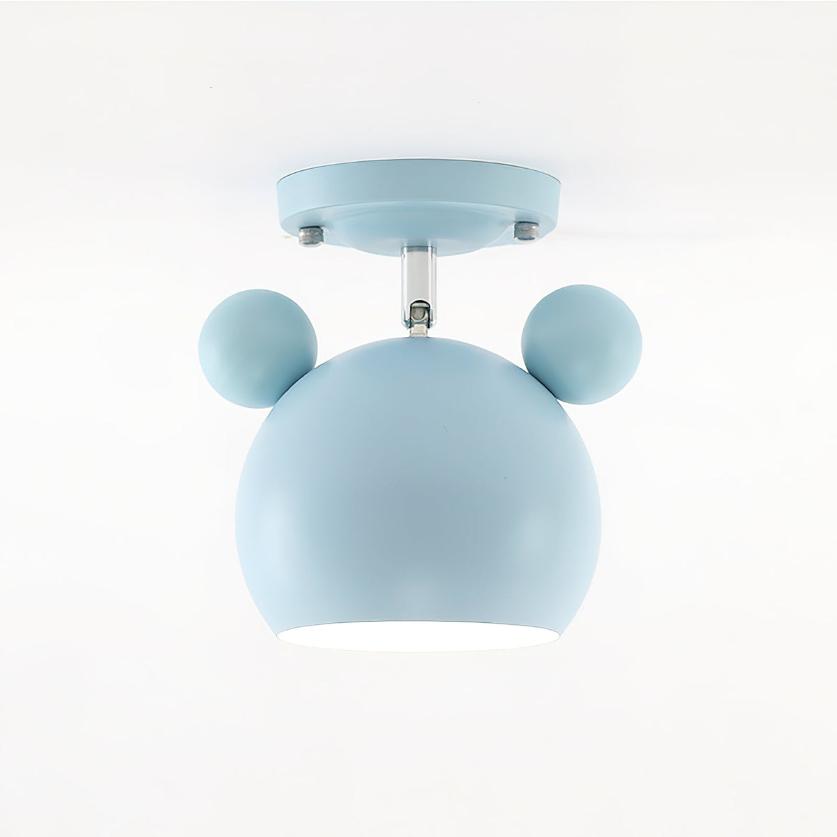 Light blue Clérachic ceiling lamp with round ears and a short stem under a flat ceiling plate.