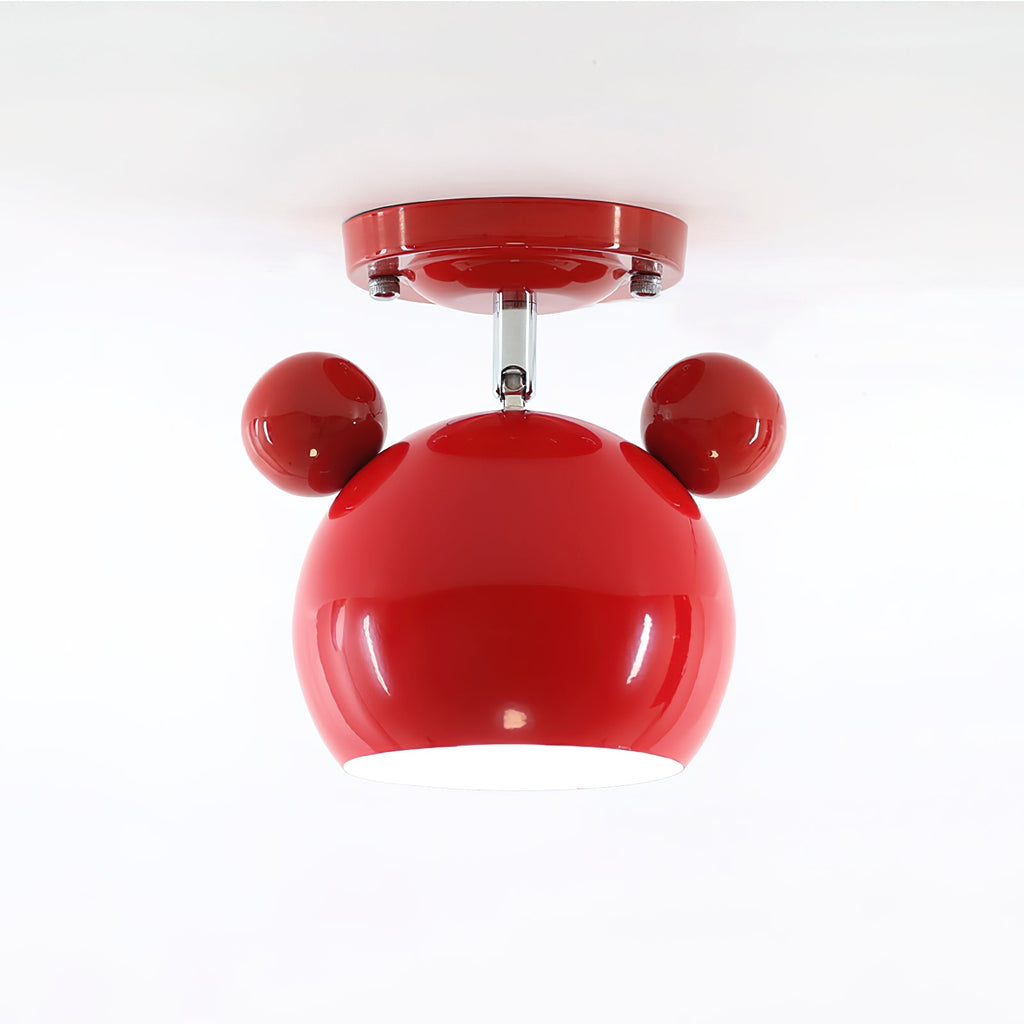Glossy red Clérachic ceiling lamp with round ears, a short stem and a red ceiling plate on a pale backdrop.