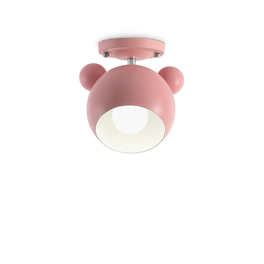 Small pink Clérachic ceiling lamp with its bulb visible in the white-lined dome, cut out on a white background.