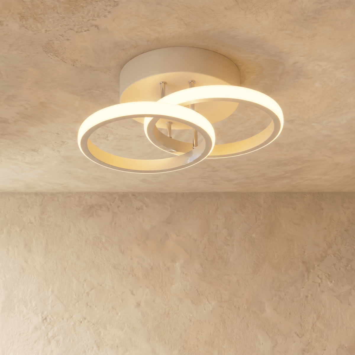 Clérachic white iron ceiling light with two overlapping glowing acrylic rings on a round canopy, flush on limewash plaster.