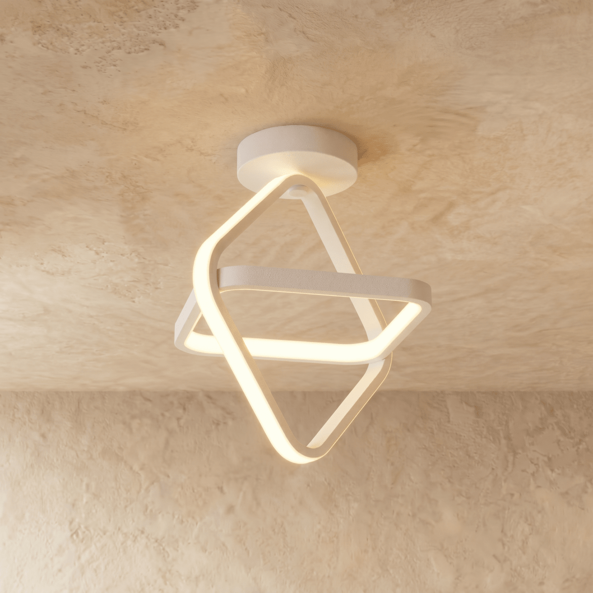 Clérachic white iron ceiling light of two interlocked tilted squares with a glowing acrylic edge, on a limewash ceiling.