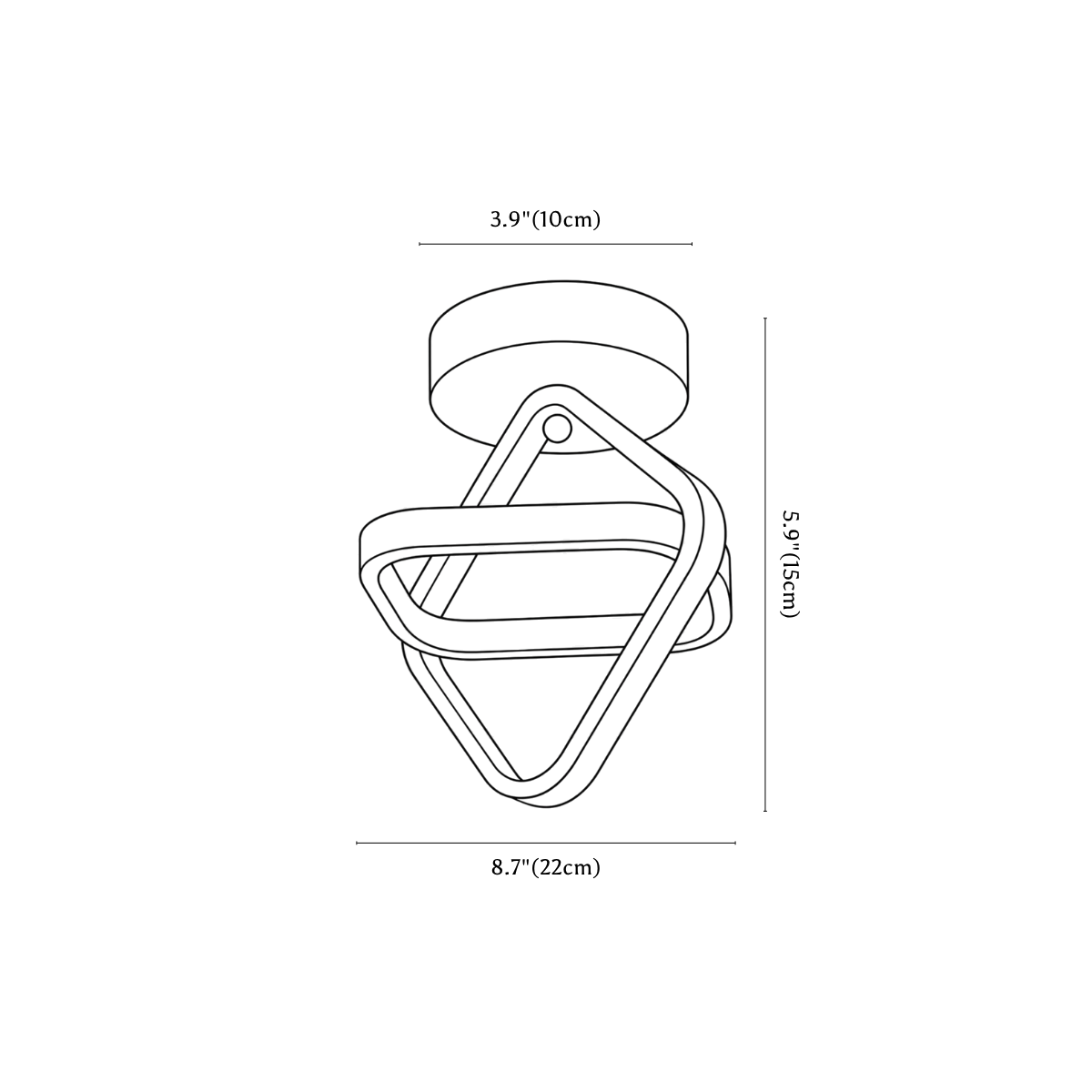 Clérachic ceiling light dimension drawing, 2 of 3, every measurement marked in centimetres and inches.