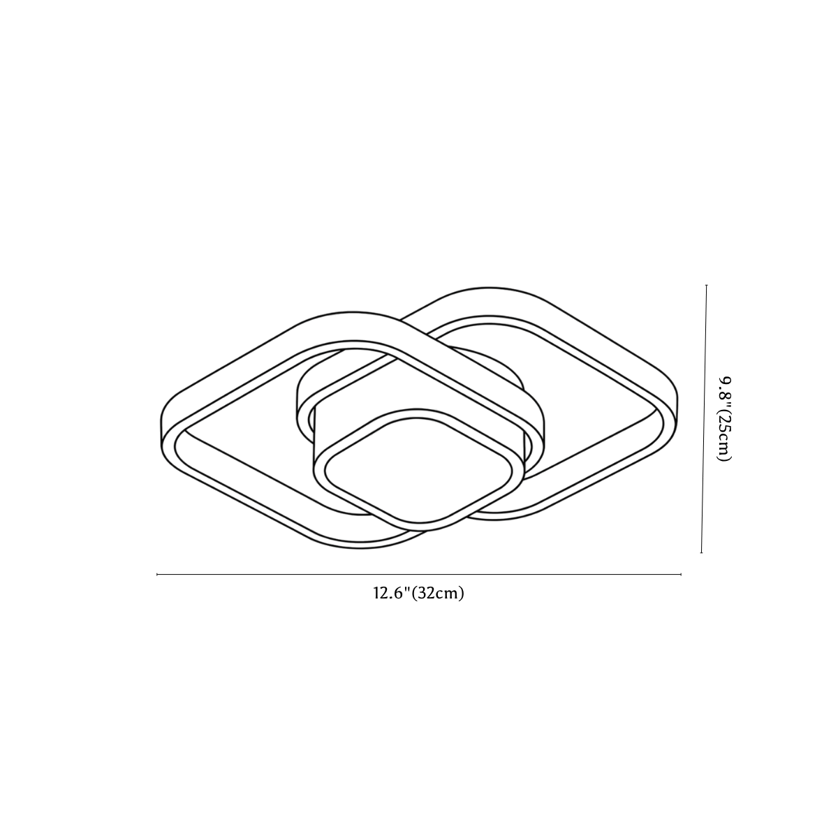 Clérachic ceiling light dimension drawing, 3 of 3, every measurement marked in centimetres and inches.