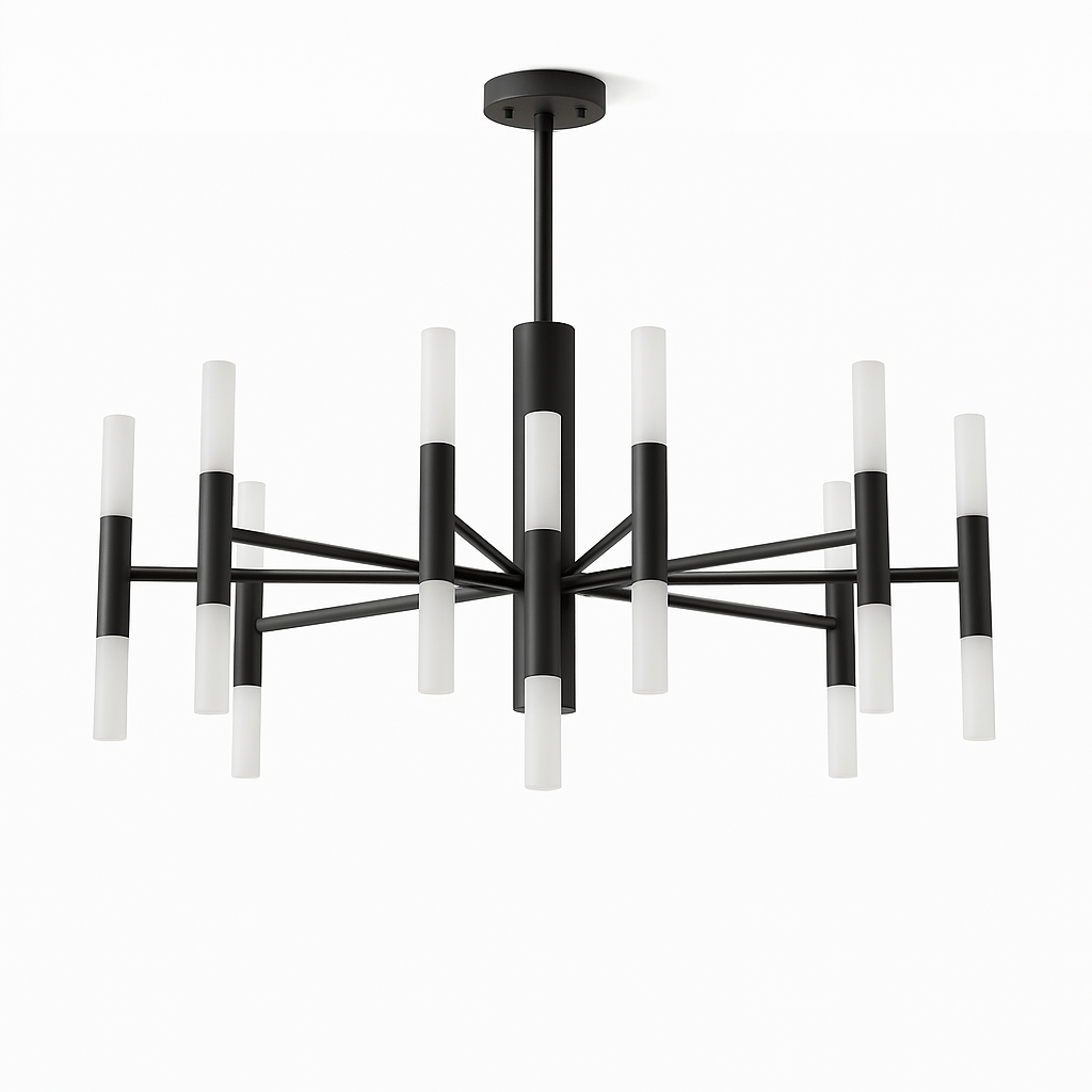Clérachic stick chandelier in matte black with frosted upright tubes on radiating arms, shown unlit on white.