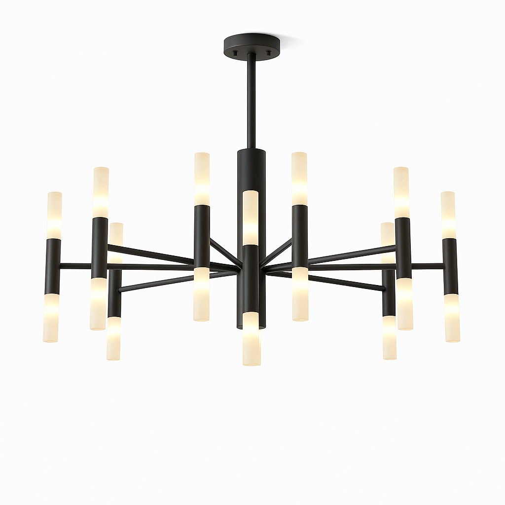 Clérachic black stick chandelier lit, its frosted tubes glowing a soft warm white against a plain white backdrop.