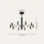 Clérachic black chandelier dimension drawing: 12 cm canopy, 53 cm drop and 68 cm span, with the tubes lit.
