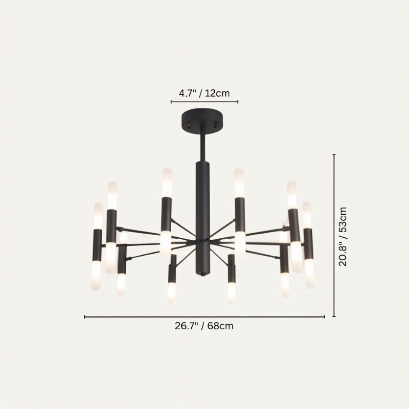 Clérachic black chandelier dimension drawing: 12 cm canopy, 53 cm drop and 68 cm span, with the tubes lit.