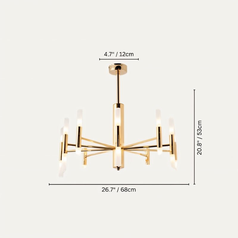 Clérachic gold chandelier dimension drawing: 12 cm canopy, 53 cm drop and 68 cm span, with the tubes lit.