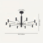 Clérachic black chandelier dimension drawing: 12 cm canopy, 53 cm drop and 100 cm span, with the tubes lit.