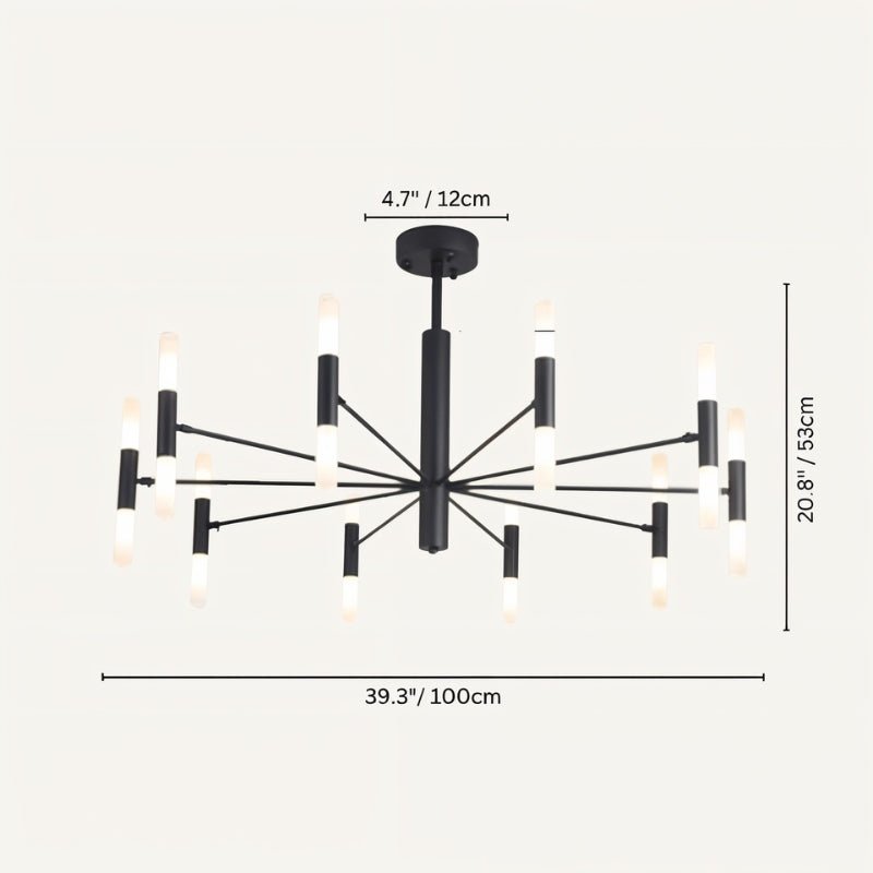 Clérachic black chandelier dimension drawing: 12 cm canopy, 53 cm drop and 100 cm span, with the tubes lit.