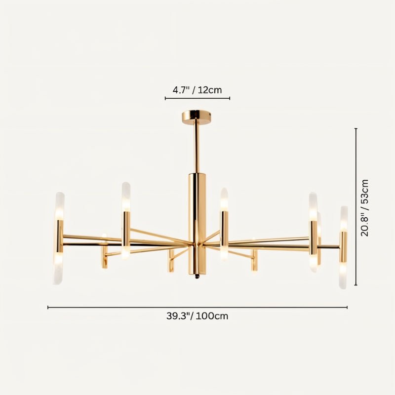 Clérachic gold chandelier dimension drawing: 12 cm canopy, 53 cm drop and 100 cm span, with the tubes lit.