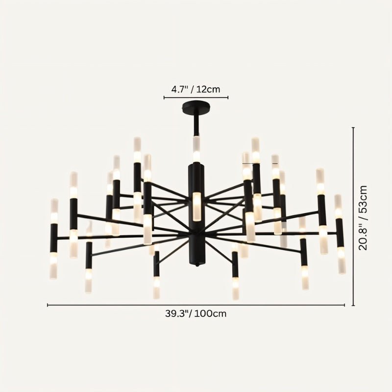 Clérachic black two-tier chandelier dimension drawing: 12 cm canopy, 53 cm drop and 100 cm span, tubes lit.