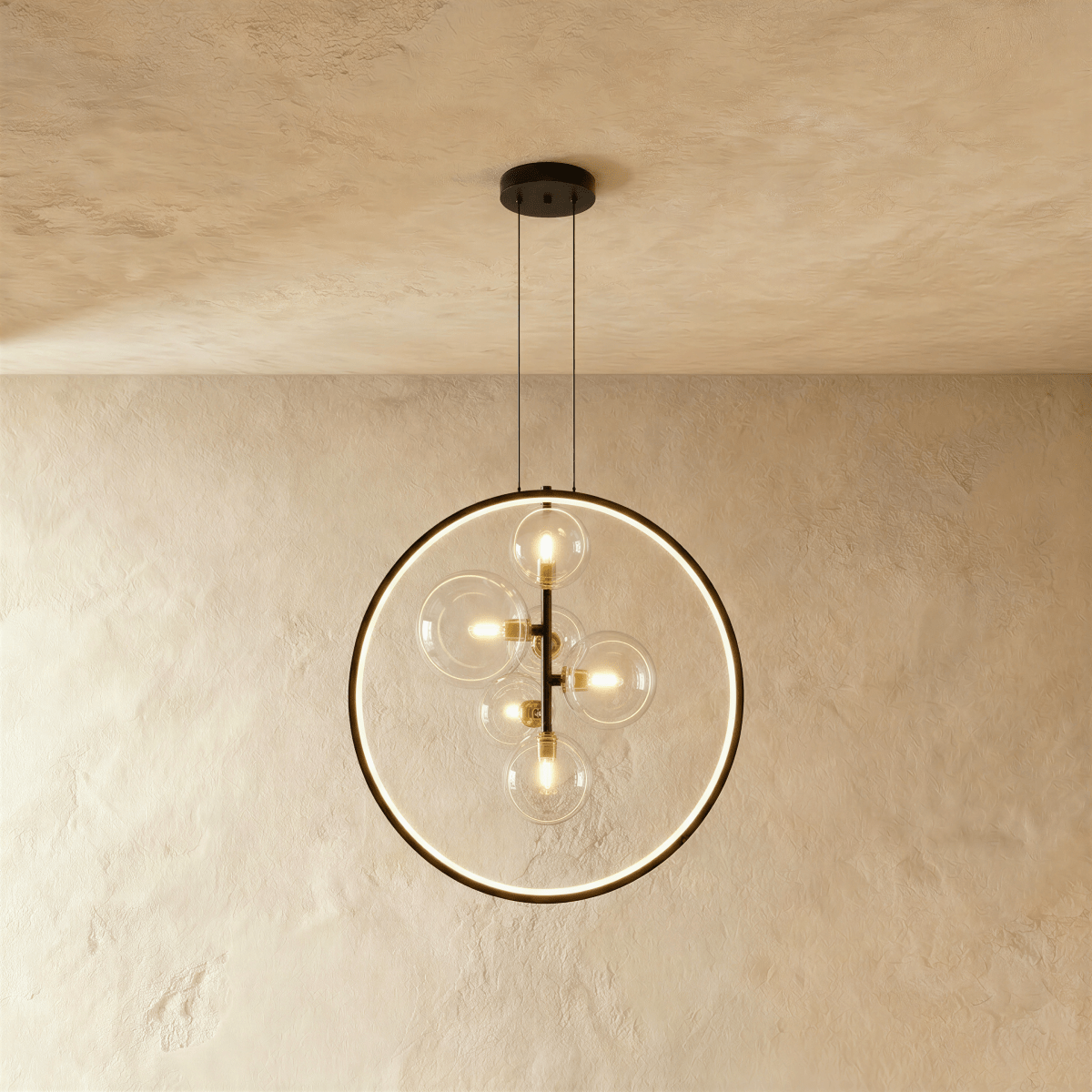 This Clérachic ring pendant clusters several clear glass globe bulbs off-center within its slim black circular frame.