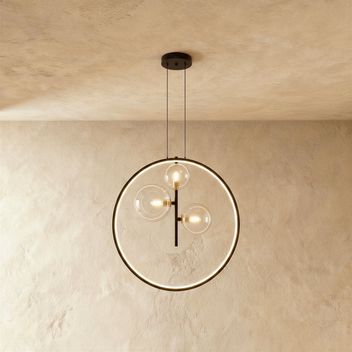 A Clérachic ring pendant stacks three glass globe bulbs vertically on a black rod inside its illuminated circle.