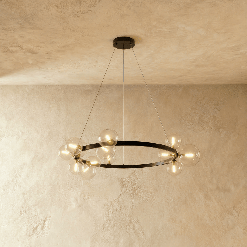 Another view of the Clérachic ring chandelier shows its wreath of glass globe bulbs from a closer angle indoors.