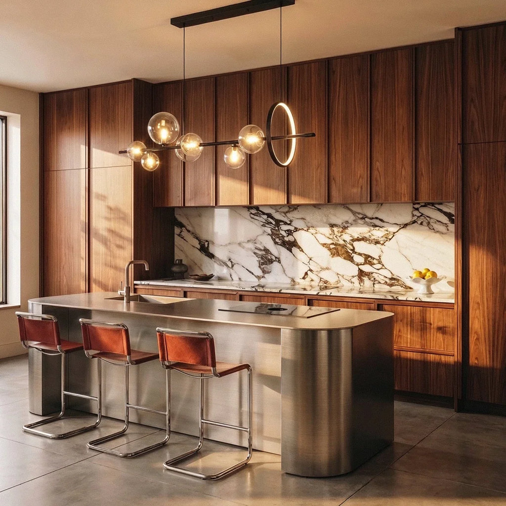A Clérachic bar-and-halo pendant lights a walnut kitchen island beneath a marble backsplash and glass globe bulbs.