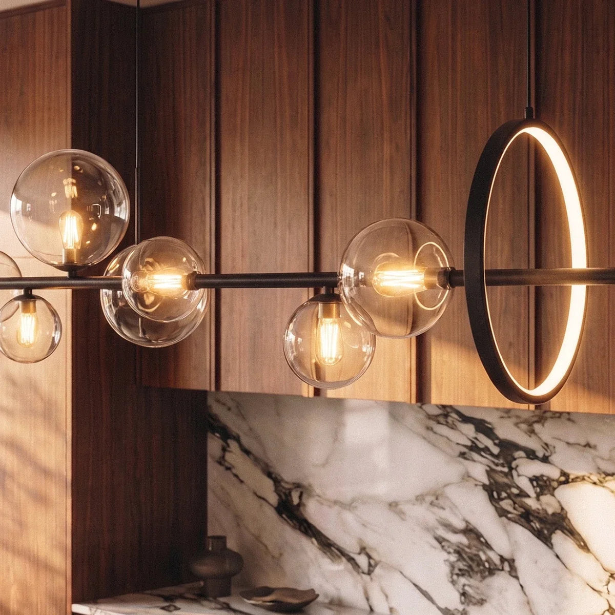 Close-up on the Clérachic pendant's glass globe bulbs and backlit halo disc against walnut cabinetry and marble.