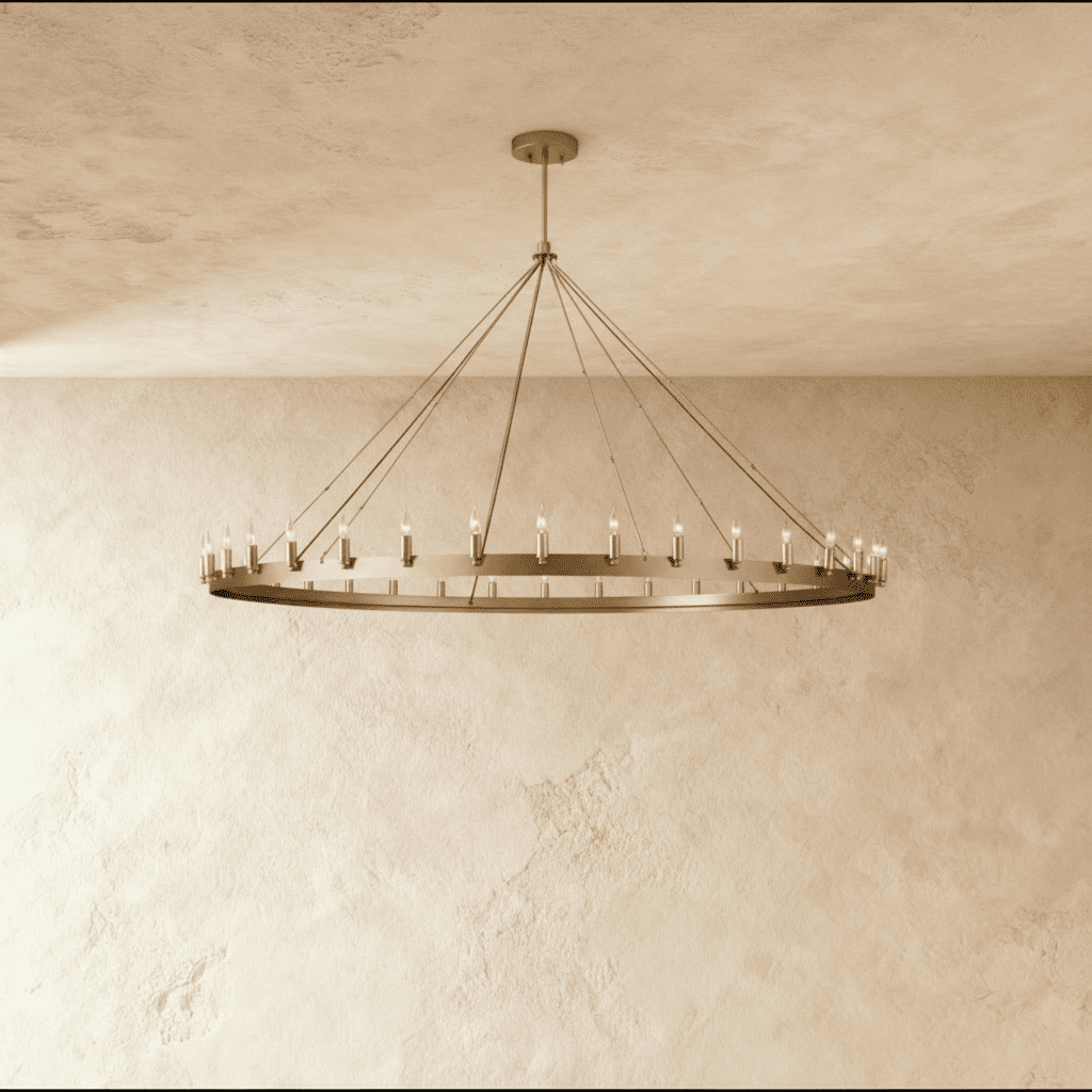 Clérachic wide brass ring chandelier with slim candle-style bulbs and fine rods, hung against a limewashed plaster wall.