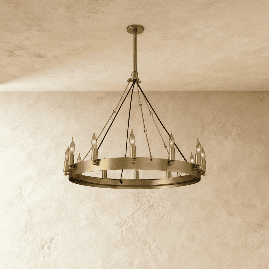 Clérachic compact brass ring chandelier with a dozen candle-style bulbs, black cords and a short stem on plaster.