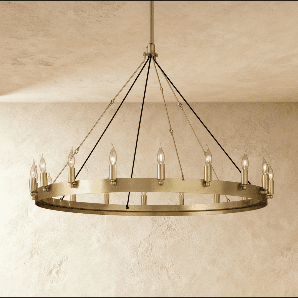 Clérachic mid-size brass ring chandelier with candle-style bulbs on a flat band, shown against a pale limewash backdrop.