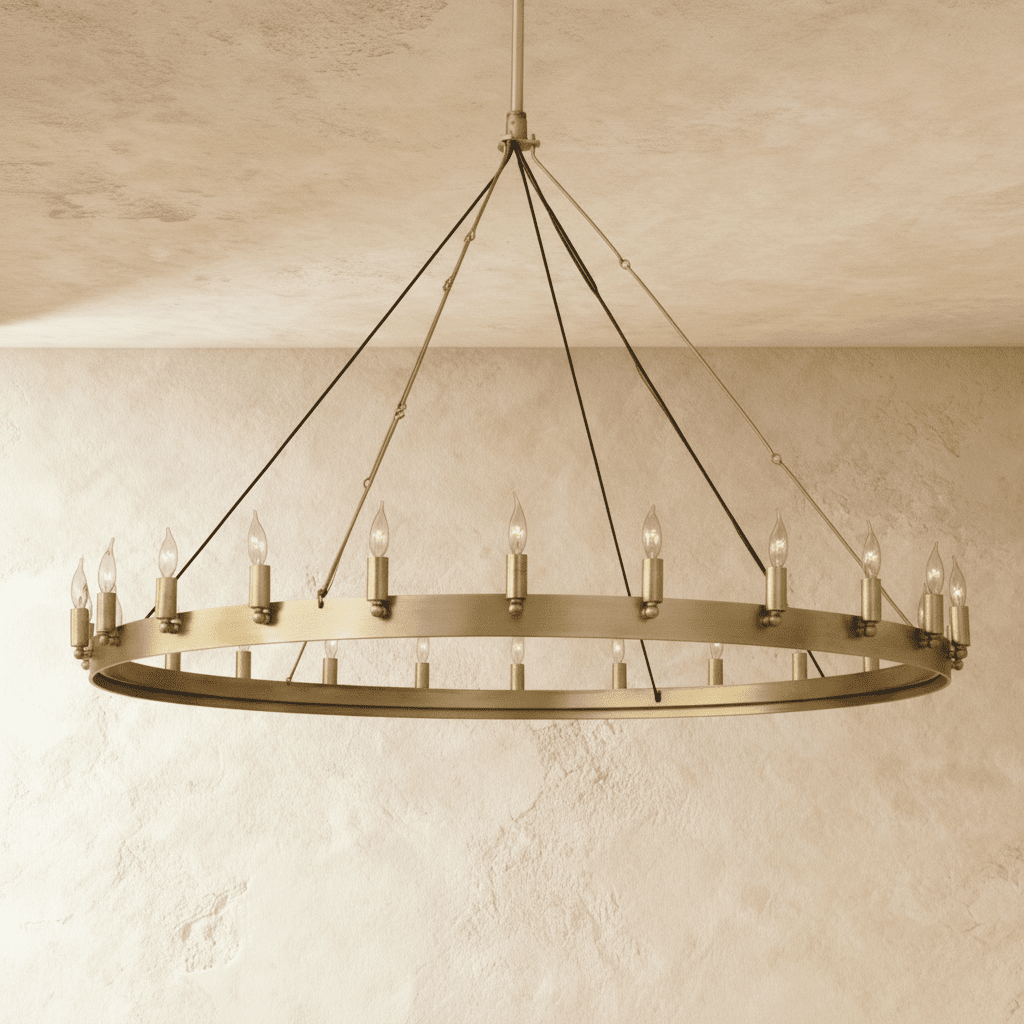 Clérachic large brass ring chandelier with candle-style bulbs around a flat band, hung from a long stem on plaster.