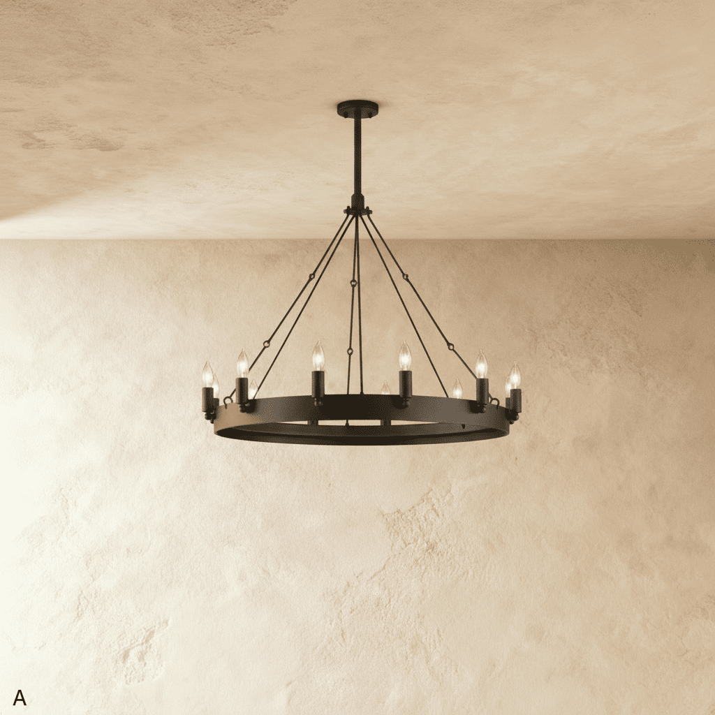 Clérachic compact matte black ring chandelier with candle-style bulbs and fine rods against a limewashed wall.