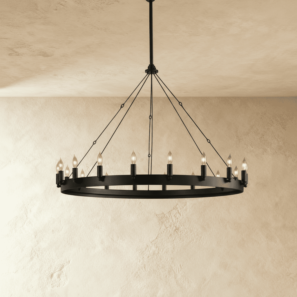 Clérachic matte black ring chandelier with candle-style bulbs around a flat iron band, lit against pale plaster.