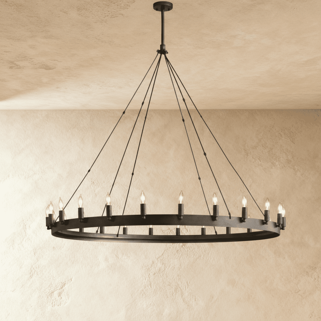 Clérachic large matte black ring chandelier with candle-style bulbs and long rods, hung against pale plaster.