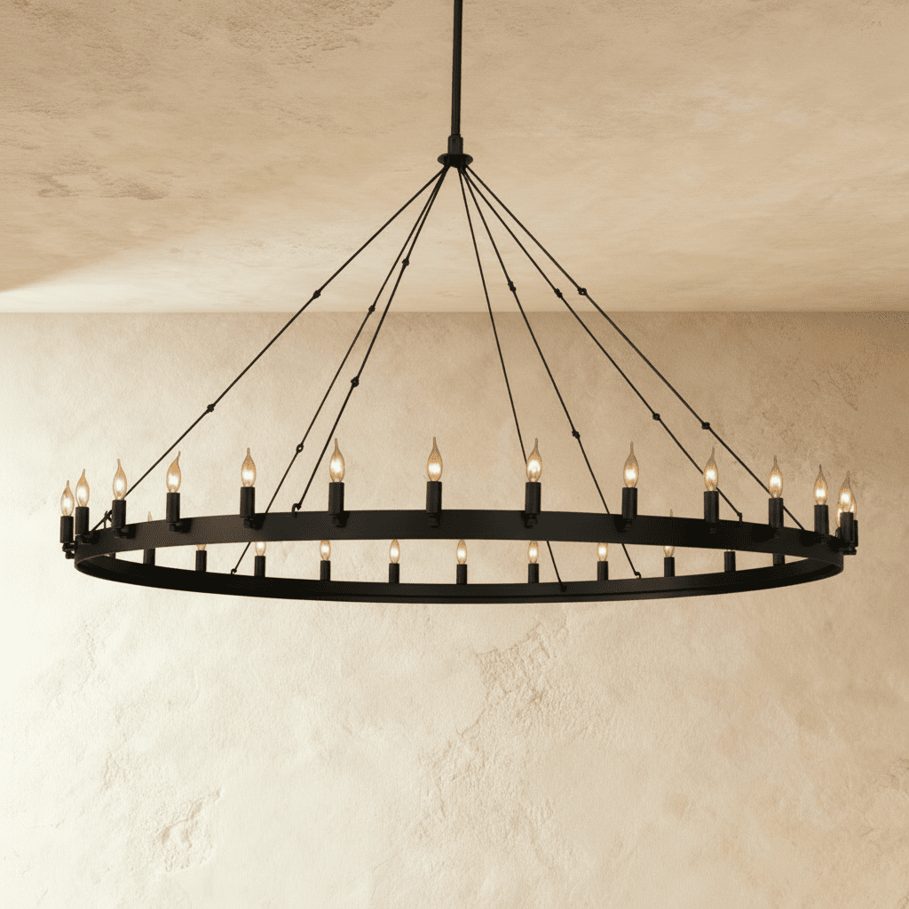 Clérachic extra-wide matte black ring chandelier with two tiers of candle-style bulbs on a slim band, against plaster.