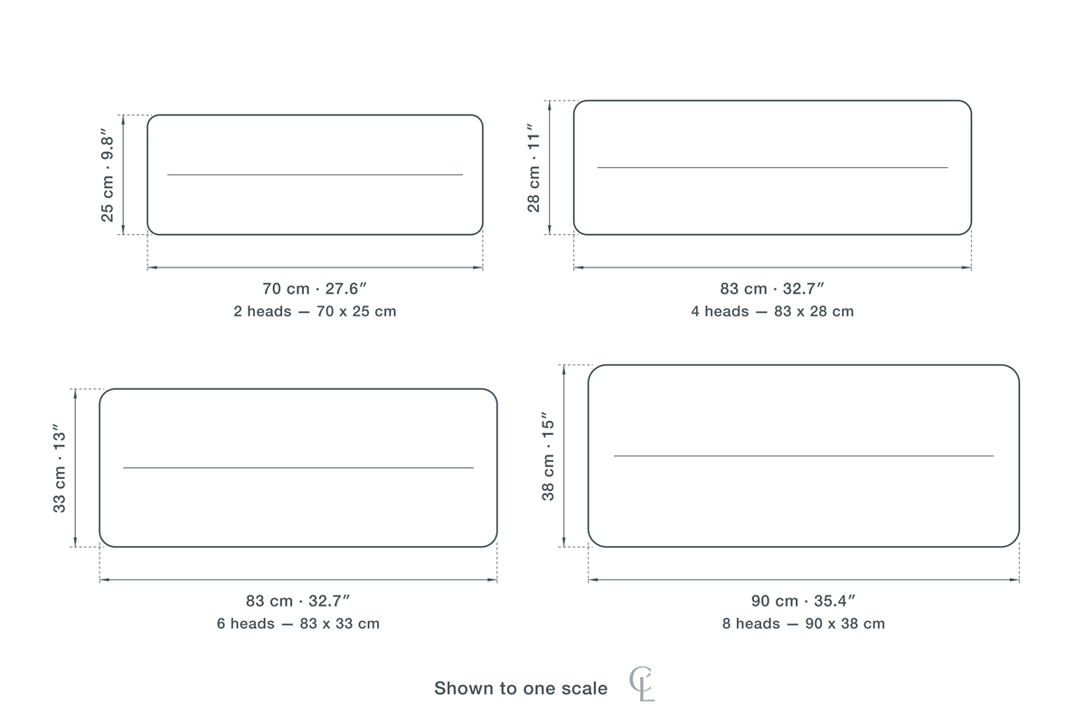 Technical dimension drawing of the Iron Ring Chandelier for Dining Table, 25 to 90 cm, Black in all 4 sizes — 2 heads at 70 × 25 cm (27.6 × 9.8″), 4 heads at 83 × 28 cm (32.7 × 11″), 6 heads at 83 × 33 cm (32.7 × 13″), 8 heads at 90 × 38 cm (35.4 × 15″), drawn to one scale.