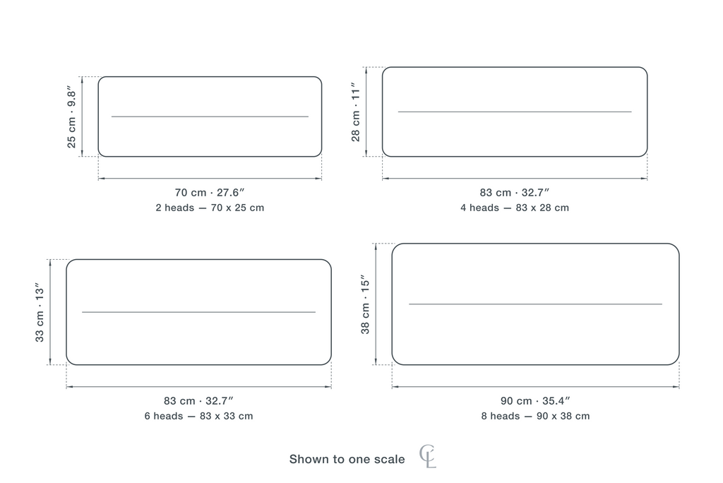 Technical dimension drawing of the Clérachic Iron Ring Chandelier for Dining Table, 25 to 90 cm, Black in all 4 sizes — 2 heads at 70 × 25 cm (27.6 × 9.8″), 4 heads at 83 × 28 cm (32.7 × 11″), 6 heads at 83 × 33 cm (32.7 × 13″), 8 heads at 90 × 38 cm (35.4 × 15″), drawn to one scale.