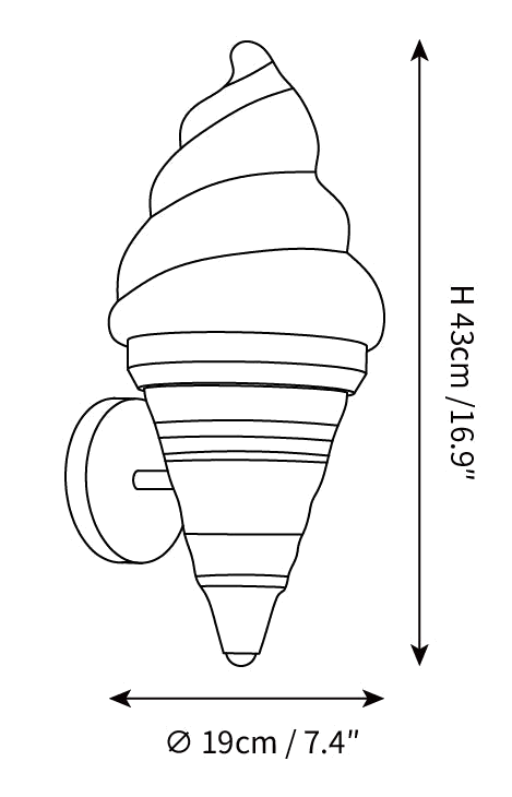 Clérachic wall light dimension drawing, every measurement marked in centimetres and inches.