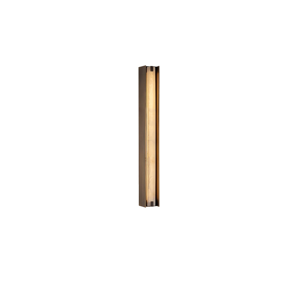 Clérachic Isolde alabaster wall sconce shown unlit on white, its slim bronze channel framing a narrow stone tube.