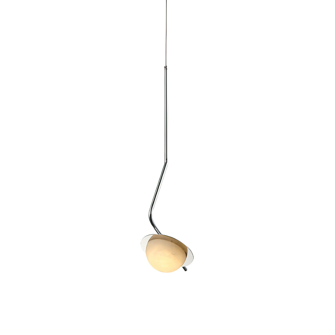 Clérachic Ivvaros pendant on a white ground, a curved chrome stem tipping a domed alabaster shade.