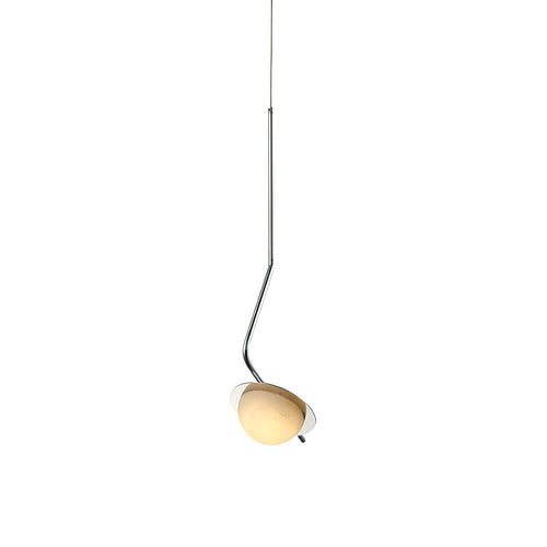 Clérachic Ivvaros pendant on a white ground, a curved chrome stem tipping a domed alabaster shade.