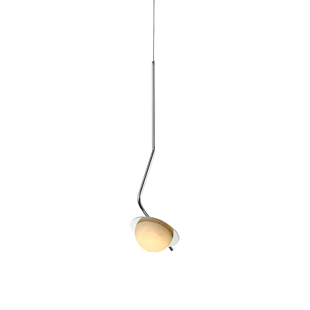 The Clérachic Ivvaros pendant from the side, its polished stainless stem bending to angle the stone shade.