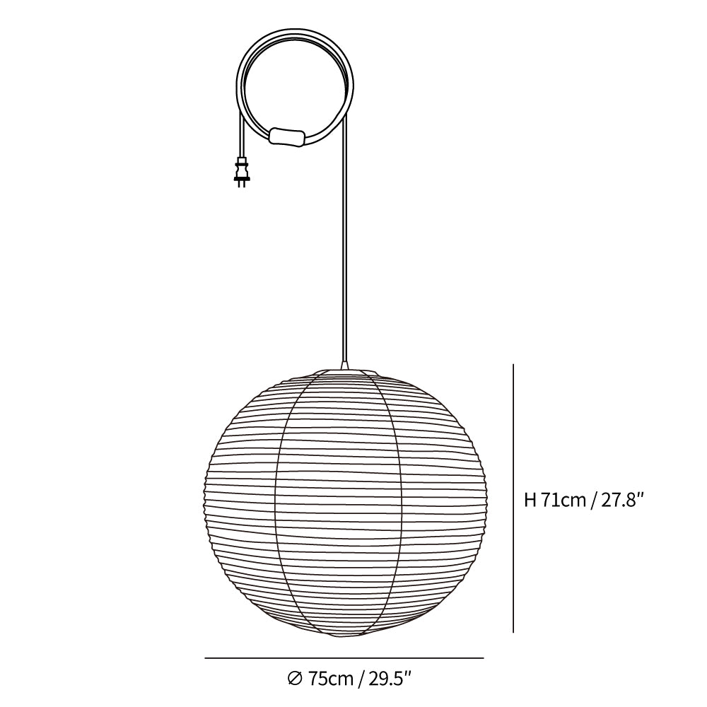 Dimension drawing of the japanese paper pendant swag light black plug wire, in outline against white.