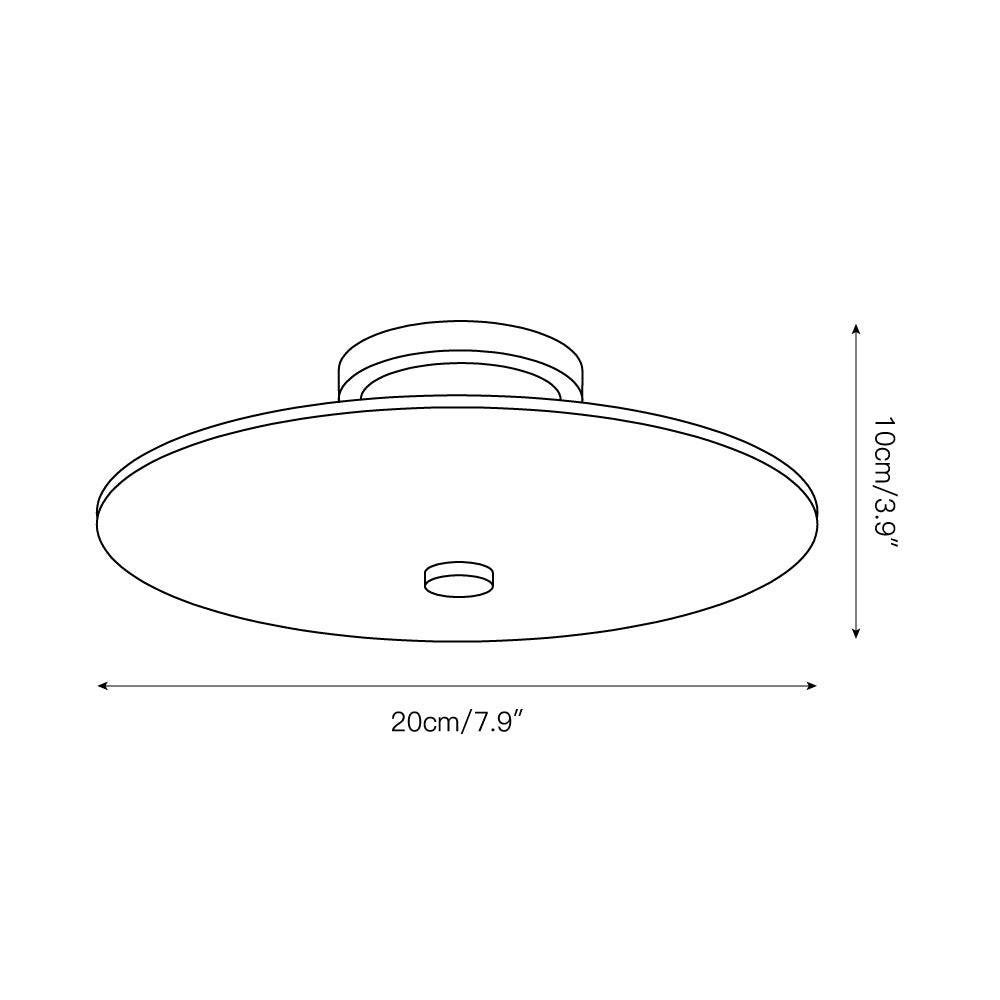 Clérachic drawing of the flush mount, 20 cm / 7.9 in across and just 10 cm / 3.9 in deep at the ceiling.