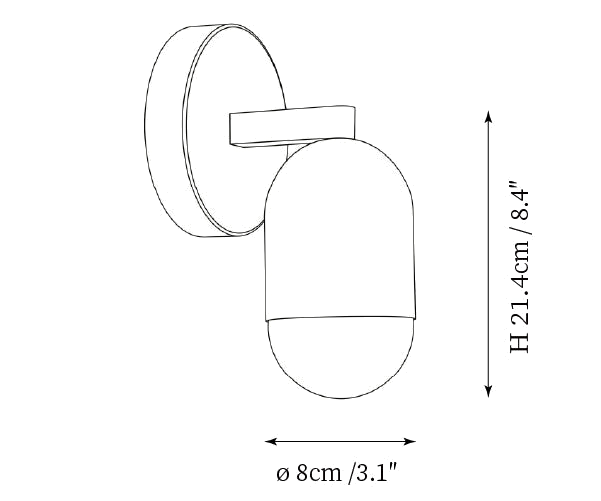 Dimension drawing of this Clérachic single-capsule wall light, with its height and diameter marked.