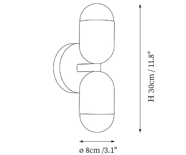 Dimension drawing of this Clérachic double-capsule wall light, with its height and diameter marked.