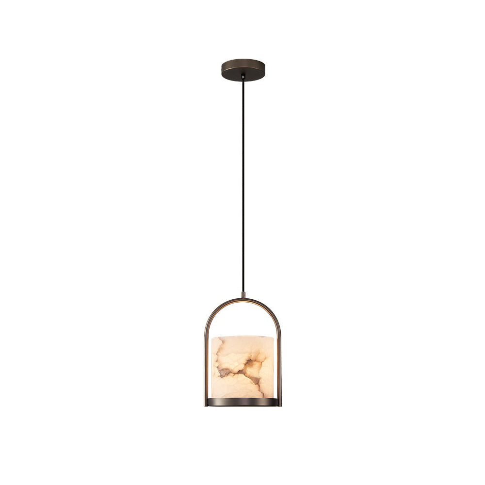 The Clérachic Jewel Pendant Light seen straight on, its veined alabaster cylinder cradled by a nickel-sand brass stirrup.