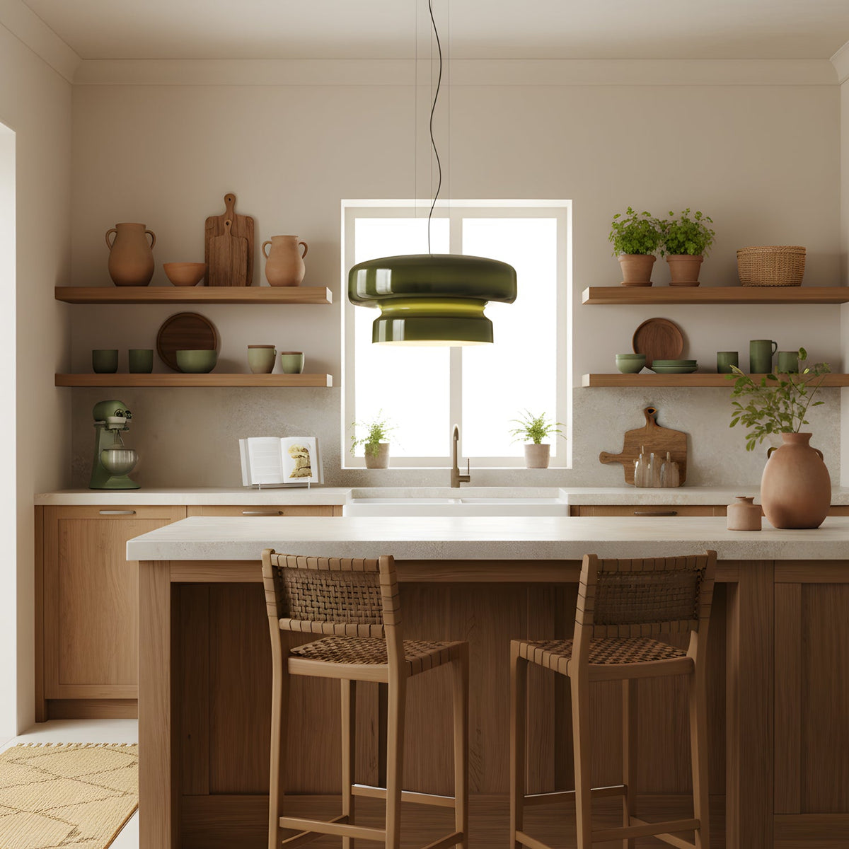 Clérachic green glass pendant in front of a sunlit window in a kitchen, with wooden stools at an island and clay pots on open shelves.
