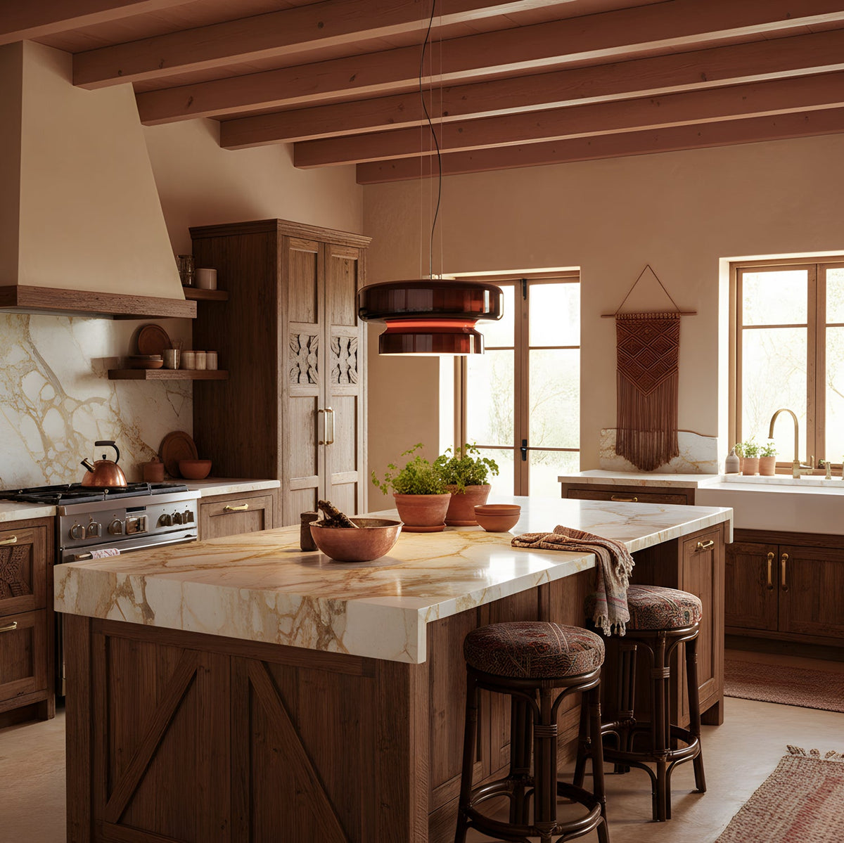 A Clérachic pendant in Amber Red glass above a marble-topped kitchen island with two dark stools, under timber ceiling beams.