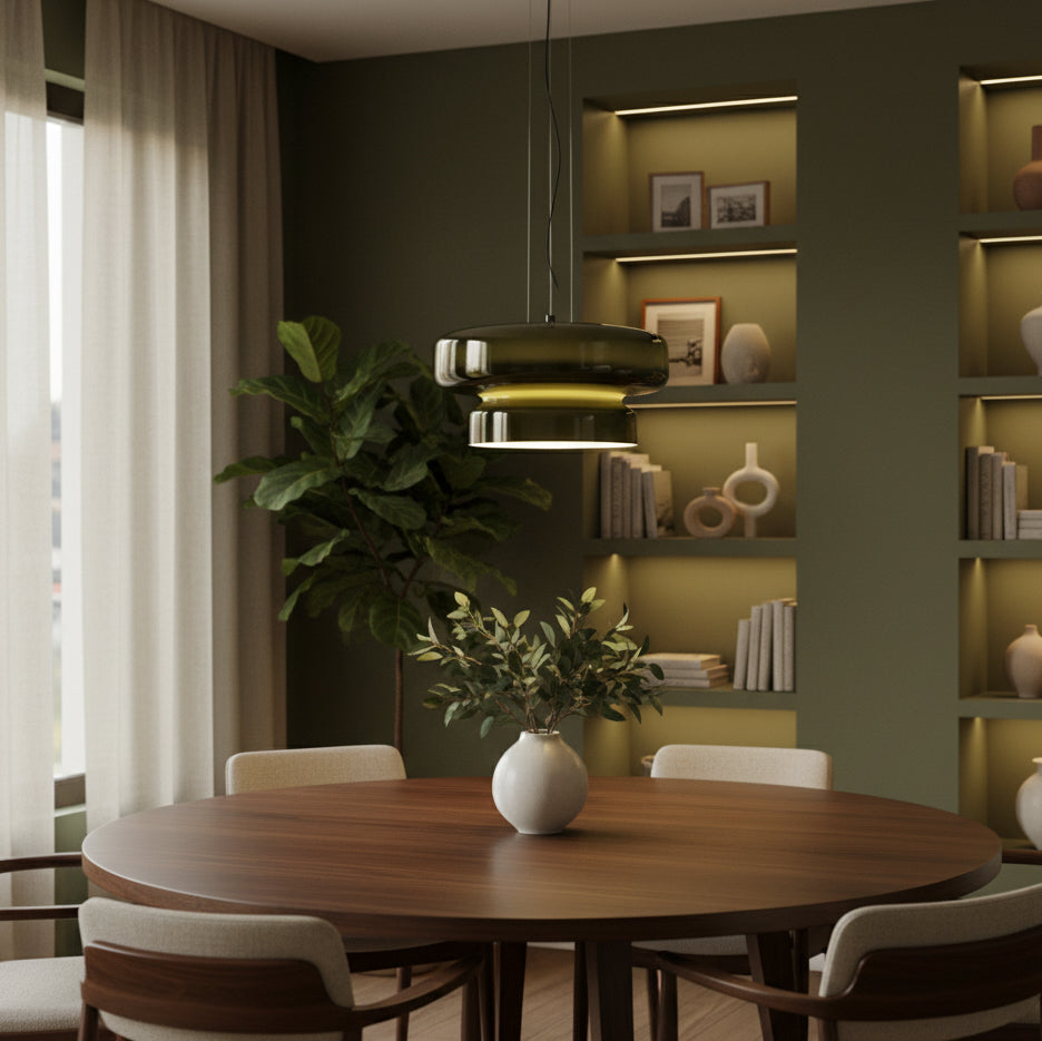 Clérachic dark green glass pendant above a round walnut table, with a fiddle-leaf plant and lit bookshelves in an olive-green room.