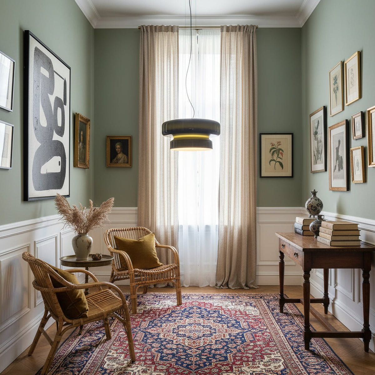 A Clérachic dark green pendant in a sitting room with sage walls, framed prints, wicker armchairs and a patterned rug.